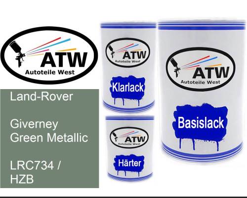 Land-Rover, Giverney Green Metallic, LRC734 / HZB: 500ml Lackdose + 500ml Klarlack + 250ml Härter - Set, von ATW Autoteile West.